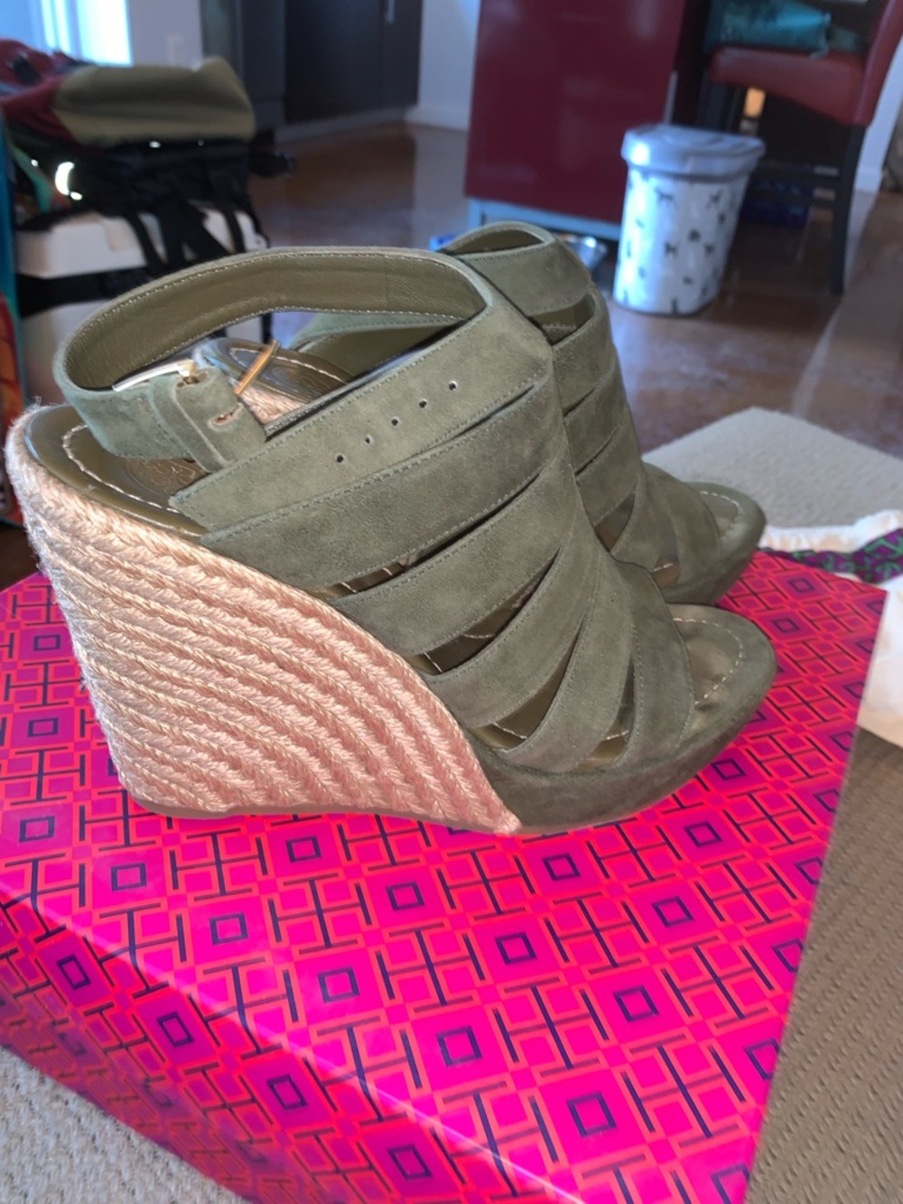 Tory Burch Olive Green Strappy Wedge Sandals